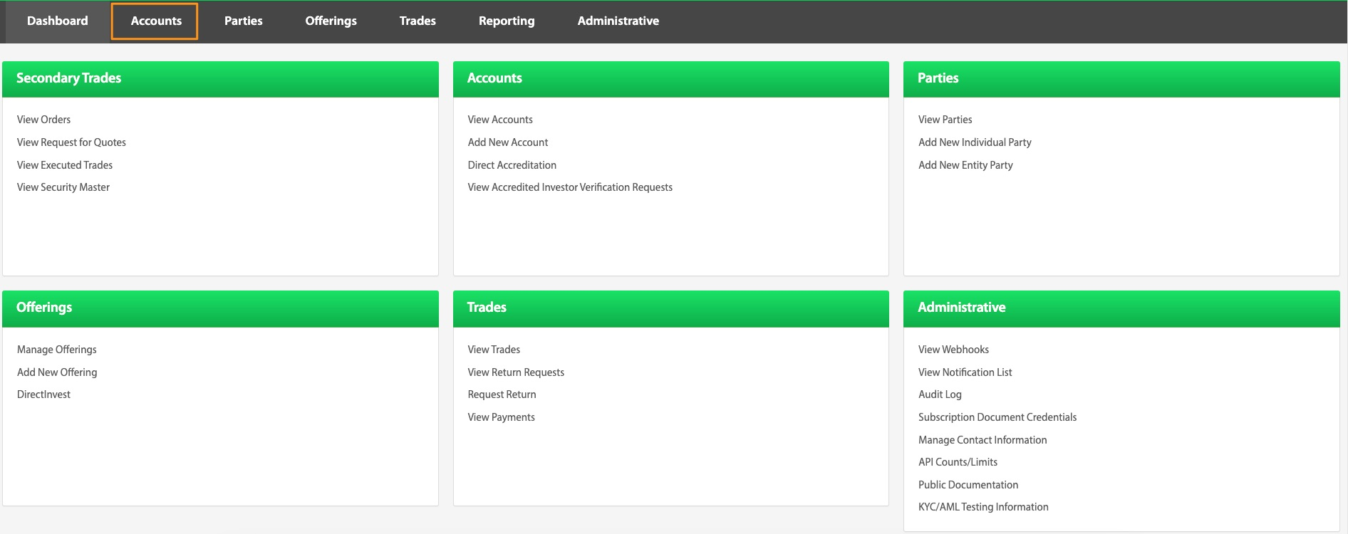 Accounts tab highlighted on the Transact Portal dashboard