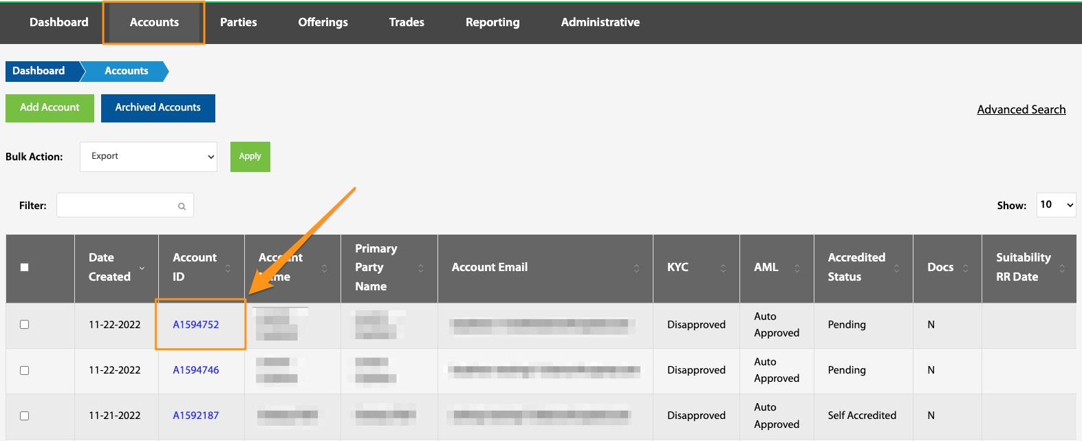 Accounts list with the hyperlinked Account ID column highlighted