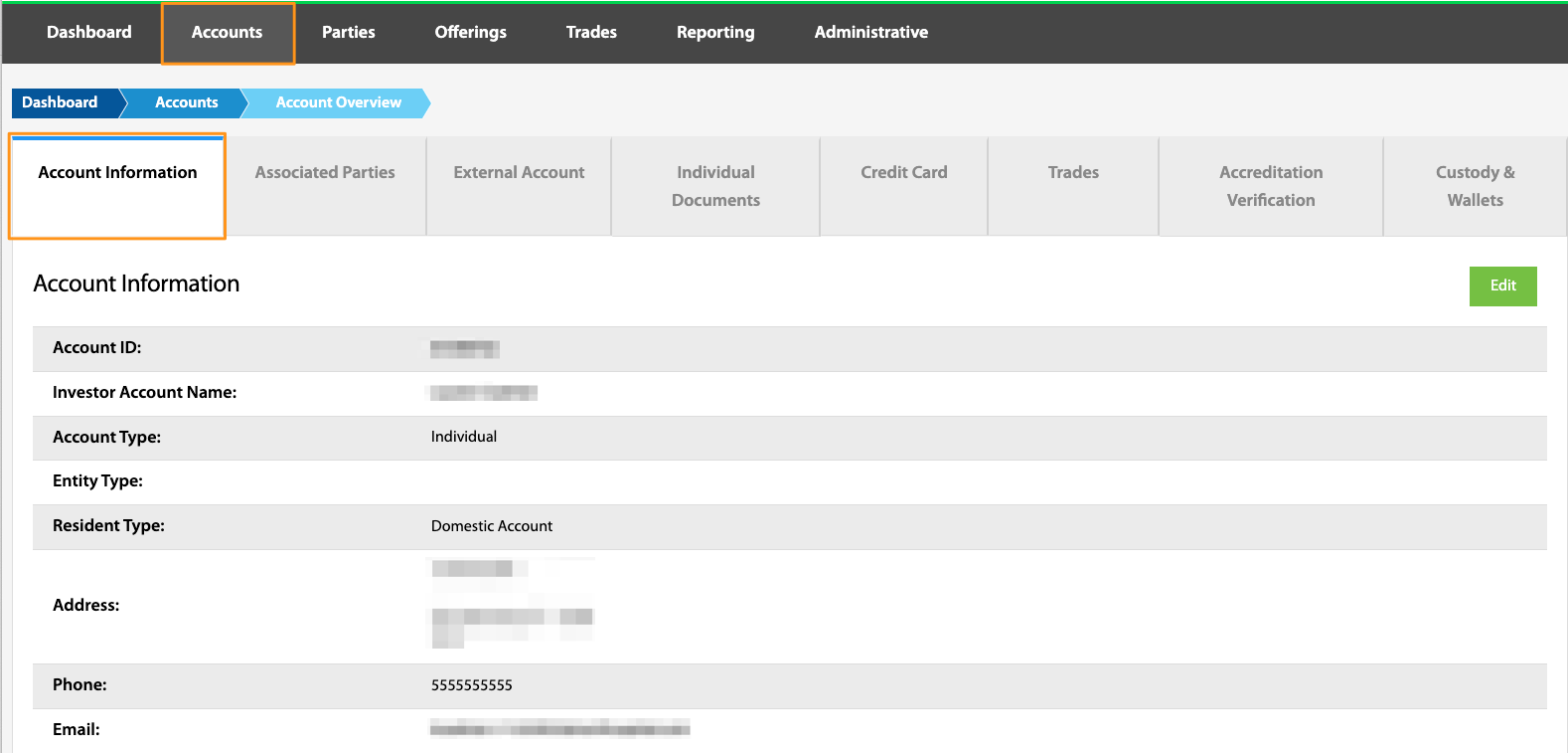 Account Information tab showing account details, address, phone, and email