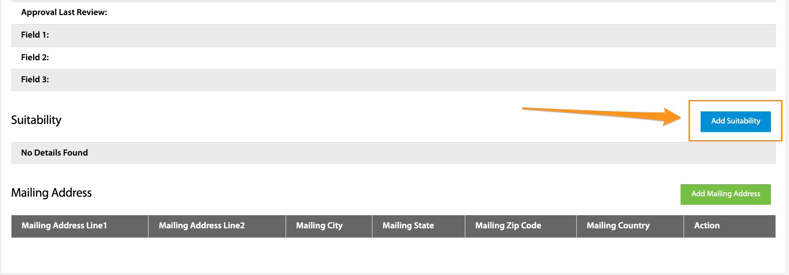 Suitability section with the Add Suitability button highlighted