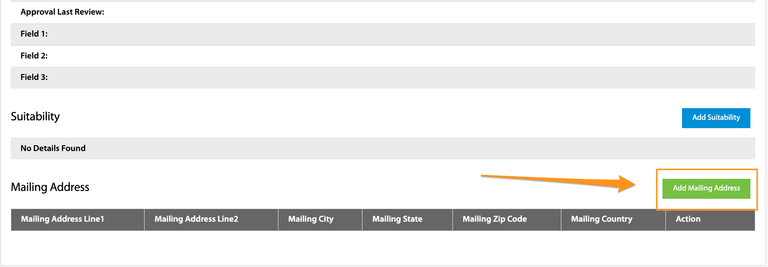 Mailing Address section with the Add Mailing Address button highlighted