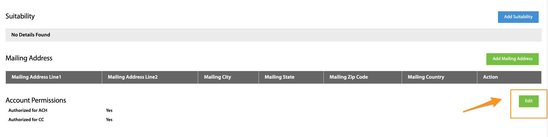 Account Permissions section showing ACH and credit card authorization with Edit button highlighted