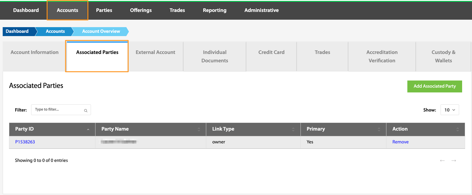 Associated Parties tab listing linked parties with Party ID and Remove links