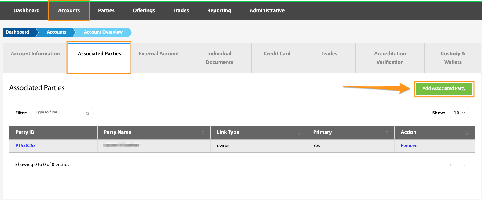 Associated Parties tab with the Add Associated Party button highlighted