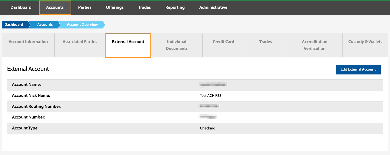 External Account tab showing linked bank account details for ACH