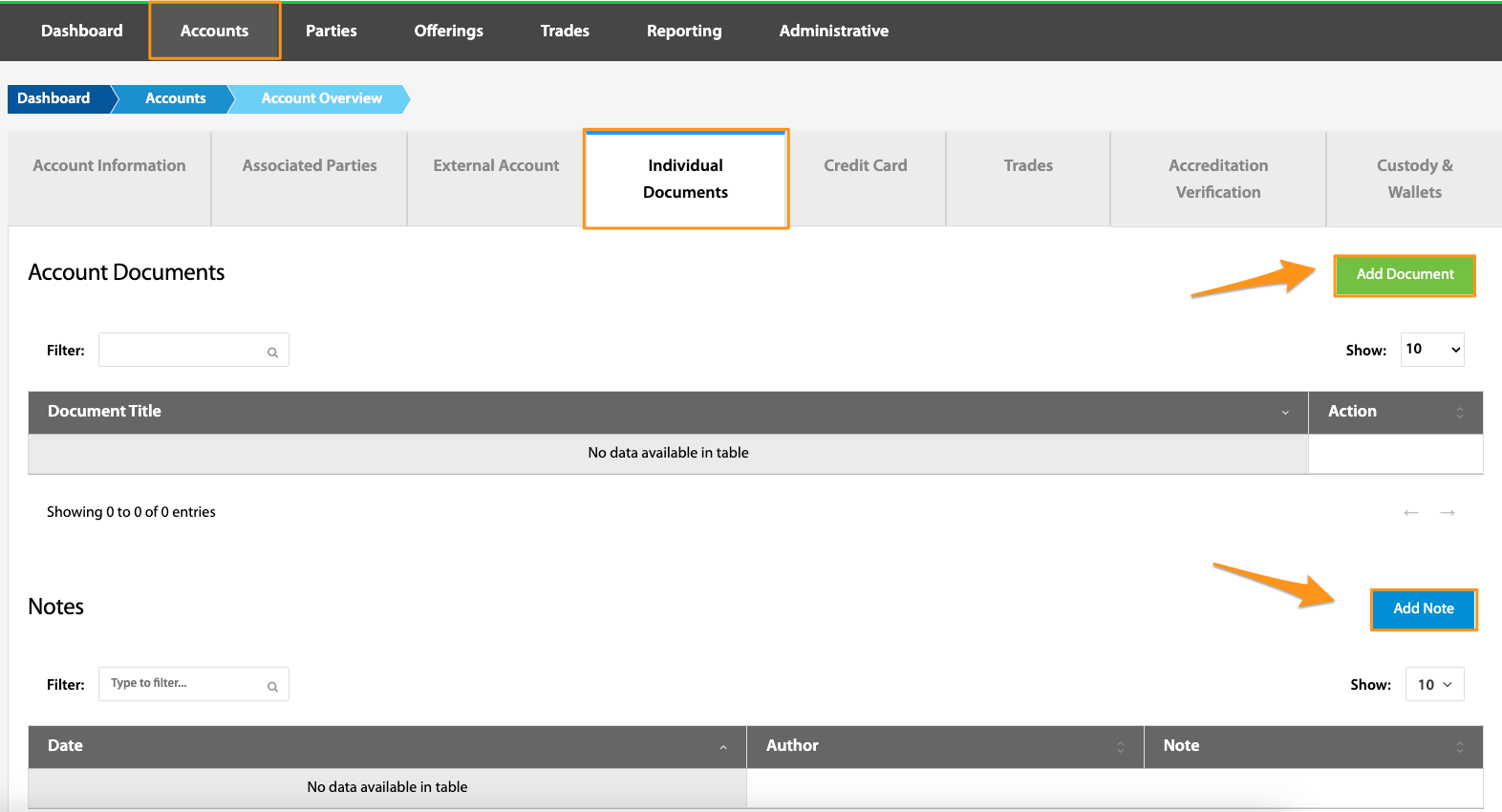 Individual Documents tab with Add Document and Add Note buttons highlighted
