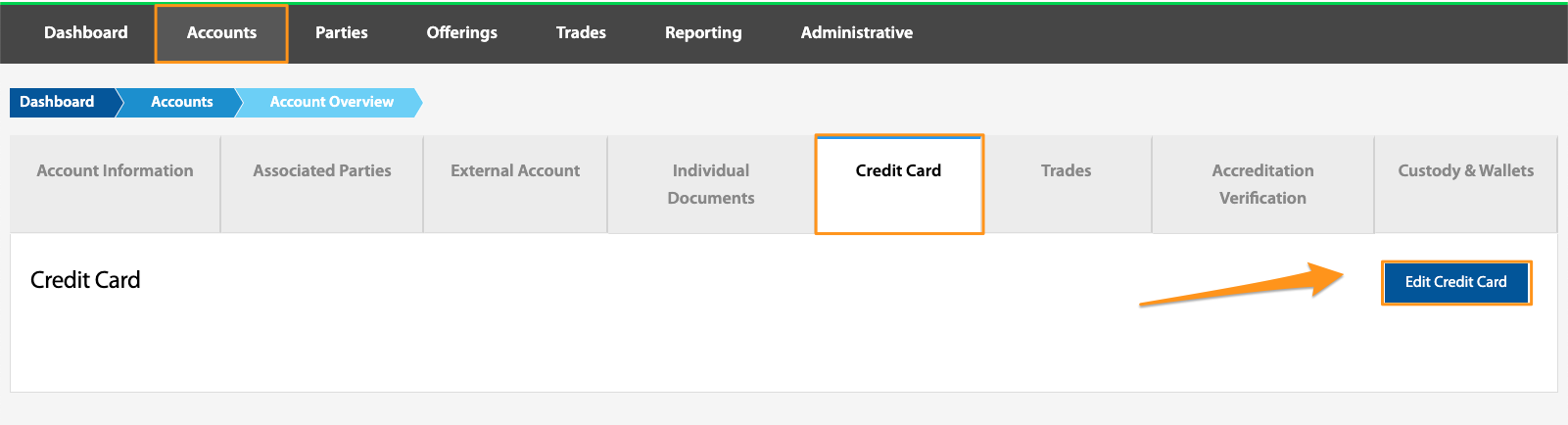 Credit Card tab with the Edit Credit Card button highlighted