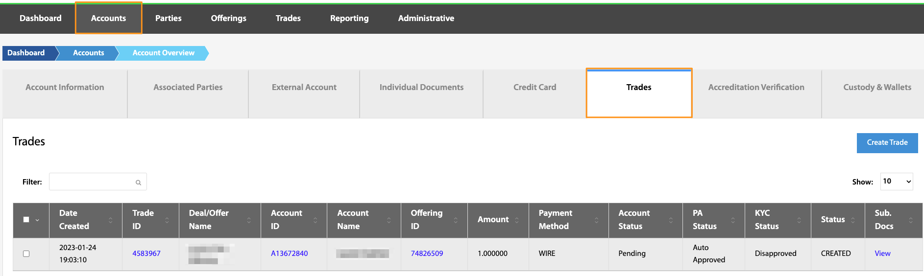 Trades tab listing account trades with the Create Trade button highlighted