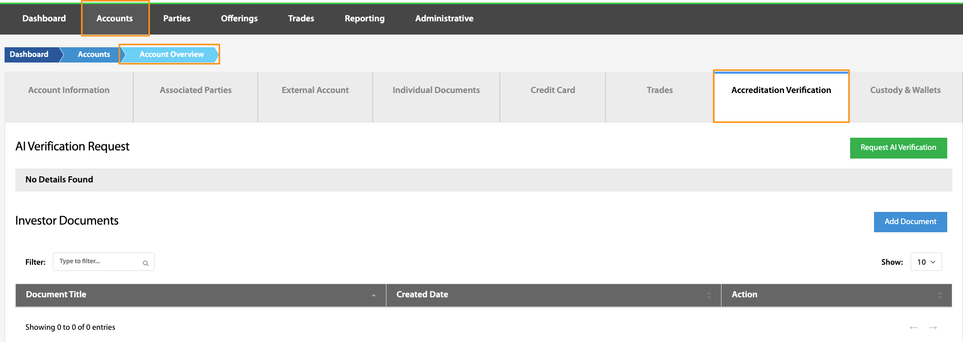 Accreditation Verification tab with AI Verification Request and Investor Documents sections