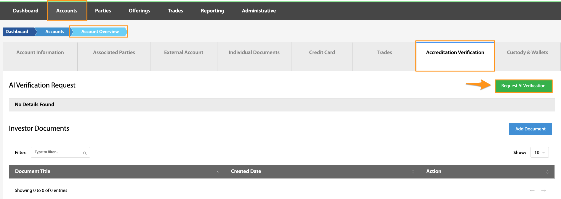 Accreditation Verification tab with the Request AI Verification button highlighted