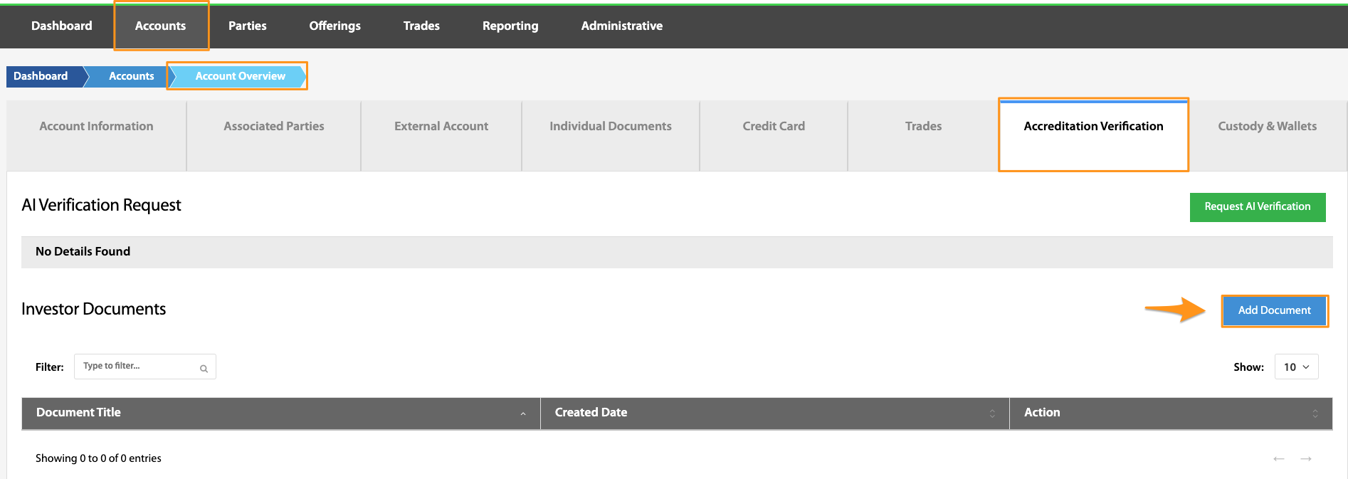 Accreditation Verification tab with the Add Document button highlighted under Investor Documents