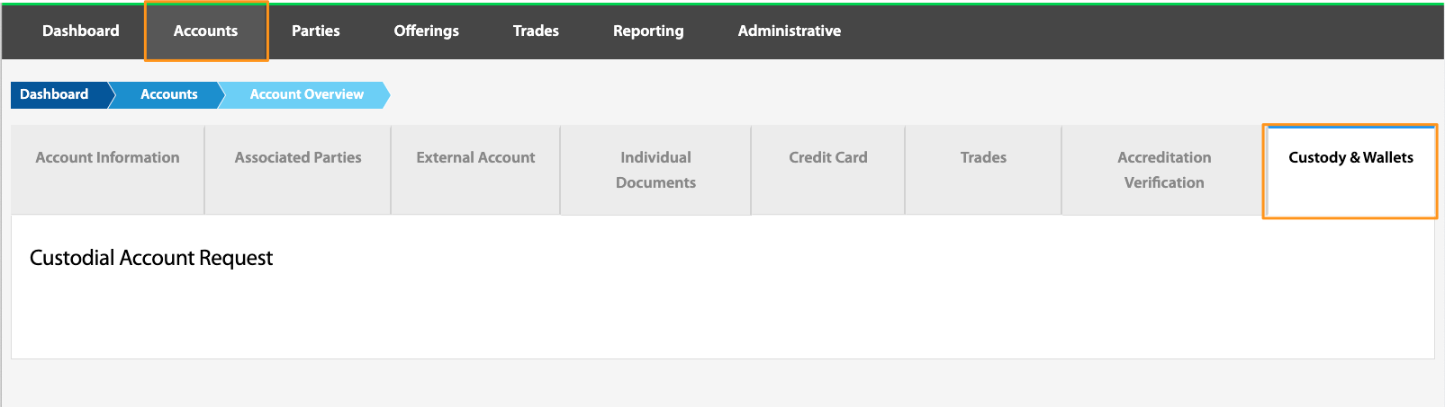 Custody & Wallets tab showing the placeholder Custodial Account Request section
