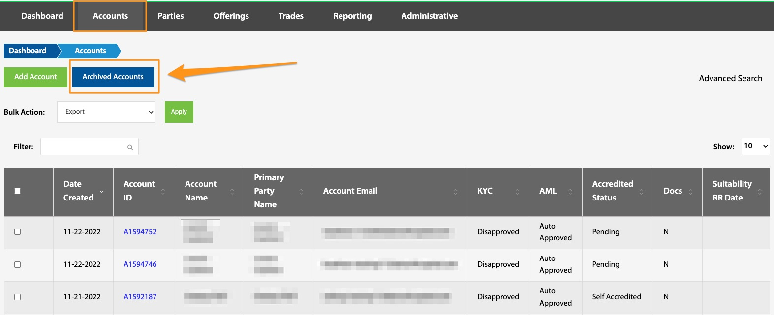 Archived Accounts button highlighted on the Accounts toolbar