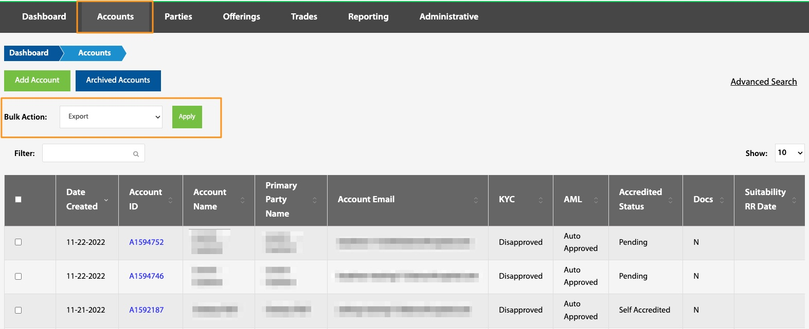 Accounts page with the Bulk Action dropdown and Apply button highlighted