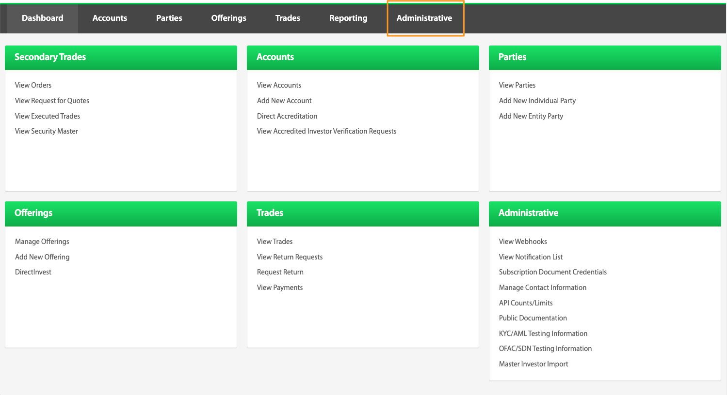 Administrative tab highlighted on the Transact Portal dashboard