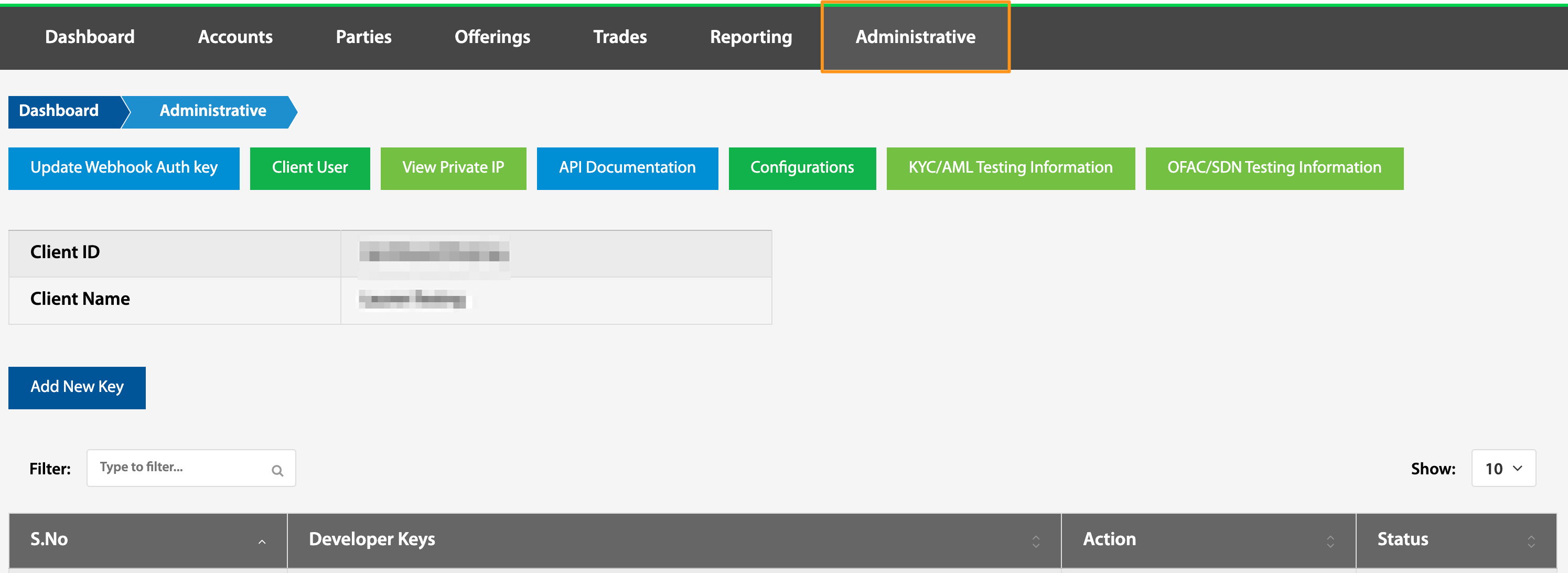 Administrative view listing developer keys with client ID and client name