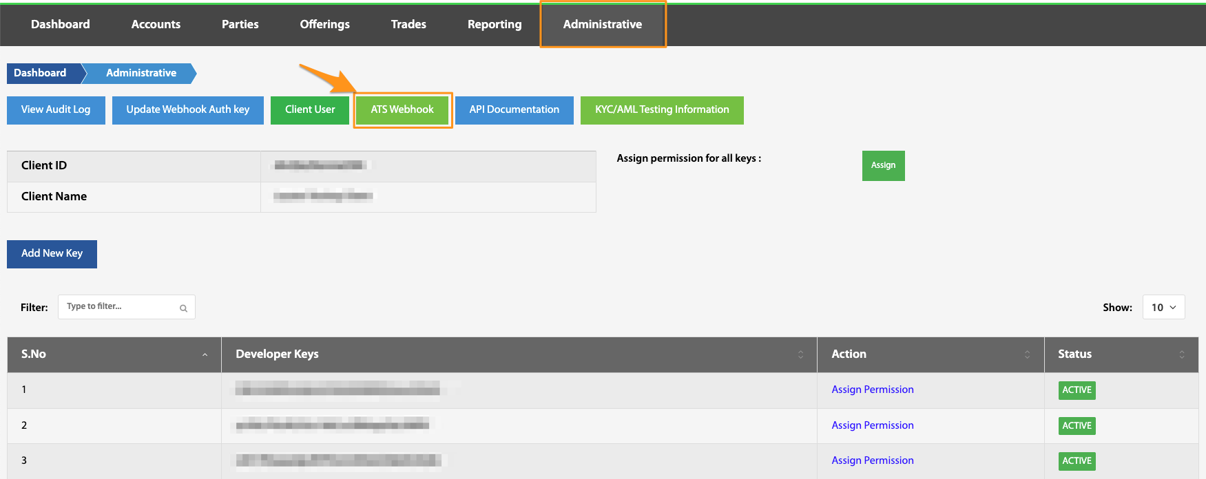 ATS Webhook tab highlighted on the Administrative page