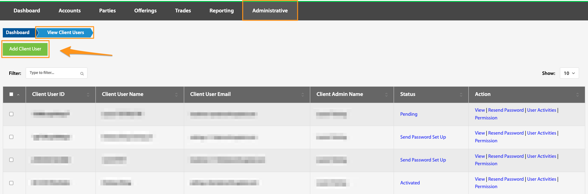 View Client Users page with the Add Client User button highlighted