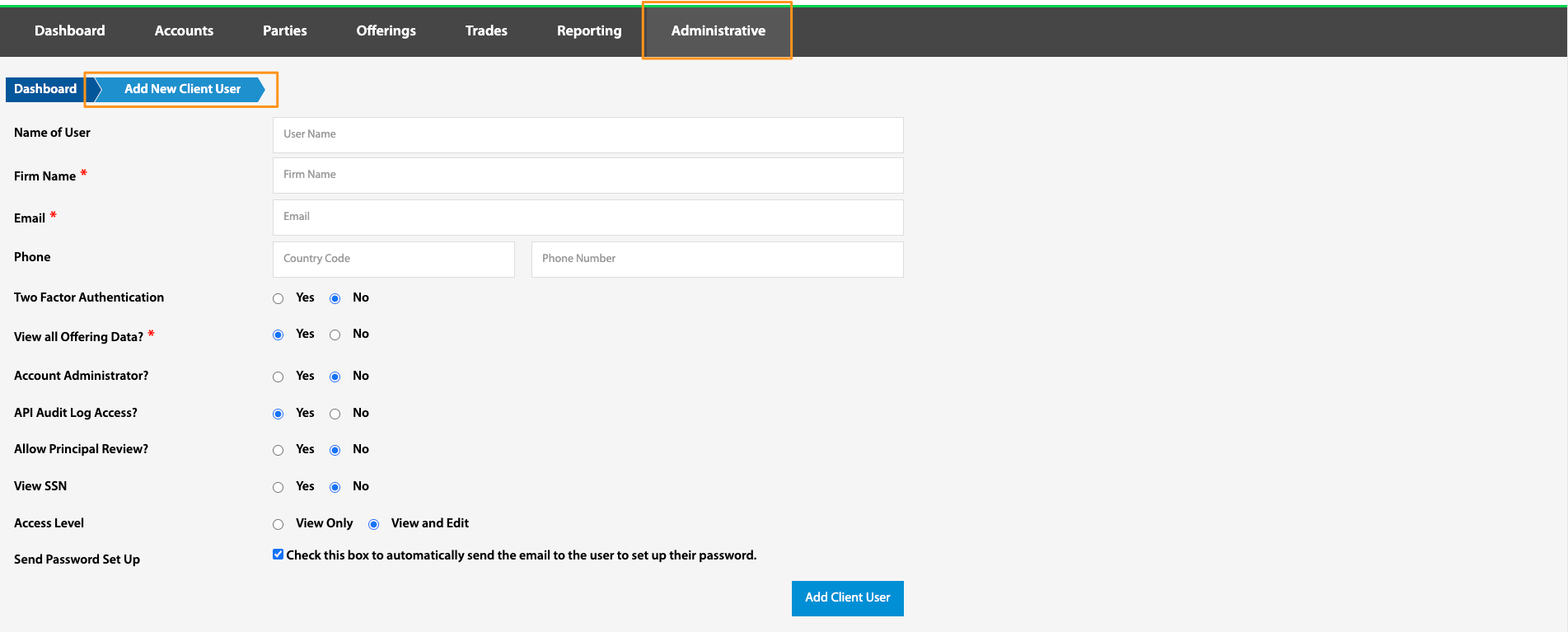 Add New Client User form with fields for name, firm, email, and permission toggles