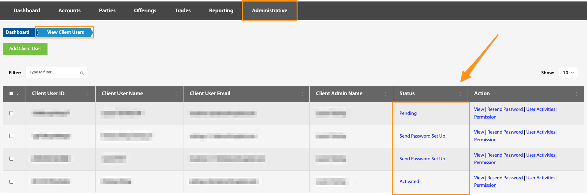 Client Users table with the Status column highlighted showing Pending, Send Password Set Up, and Activated states