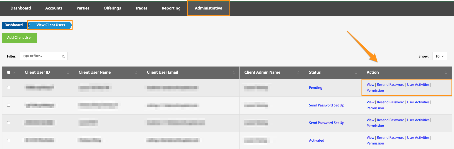Client Users table with the Action column highlighted showing View, Resend Password, User Activities, and Permission links