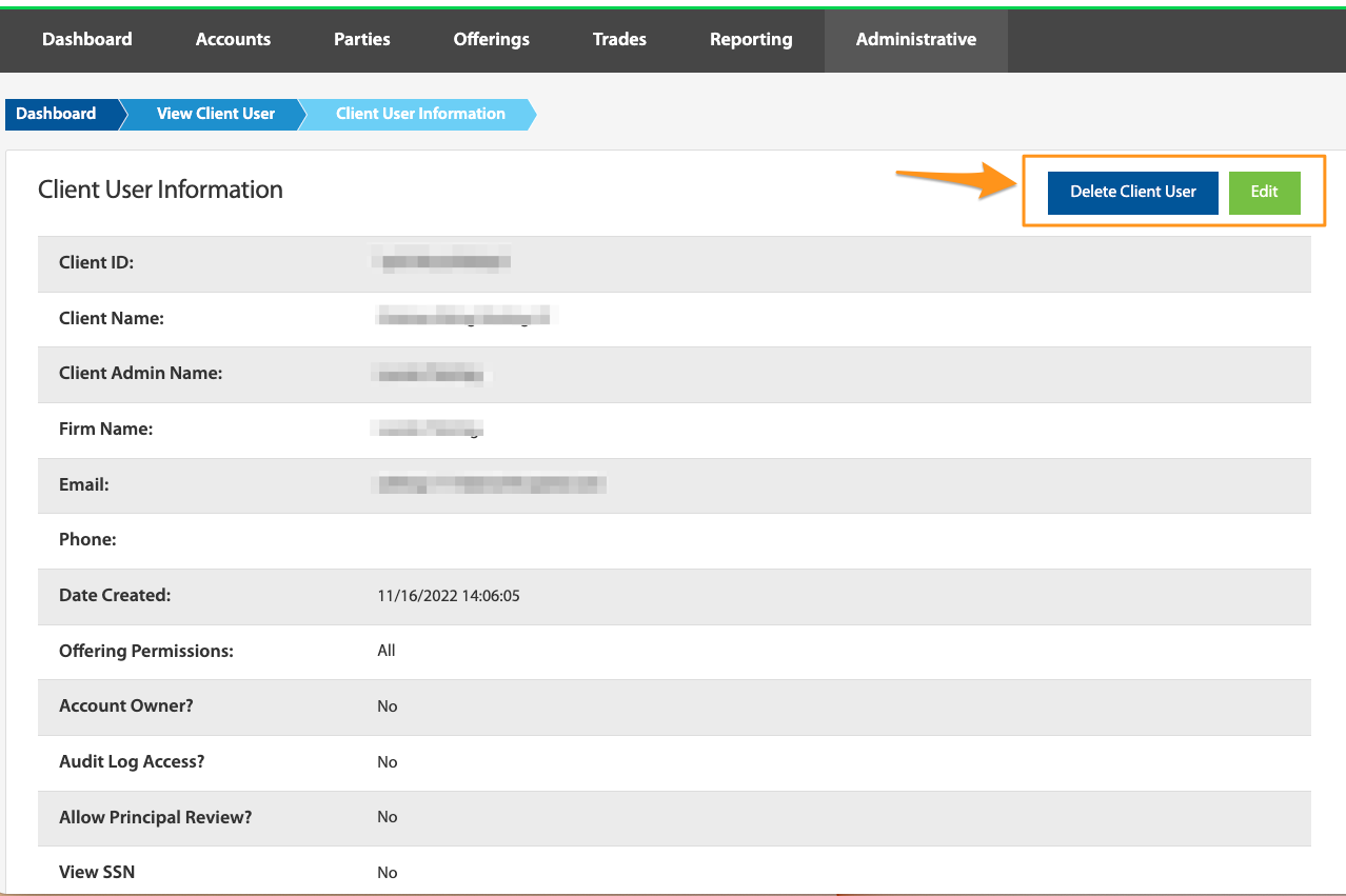 Client User Information page with Delete Client User and Edit buttons highlighted
