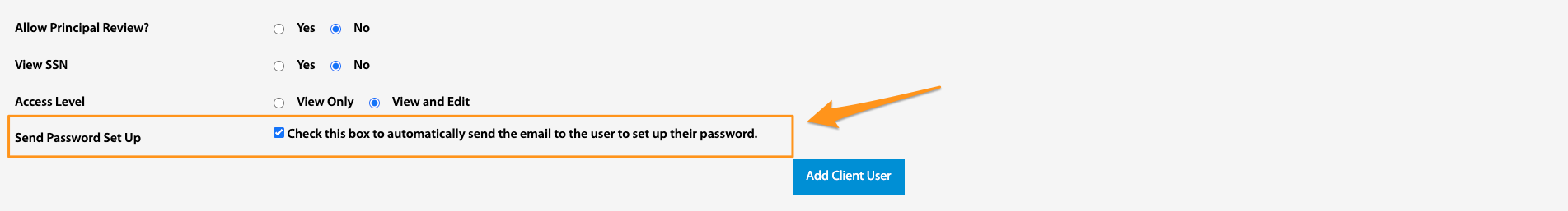 Add Client User form with the Send Password Set Up checkbox highlighted