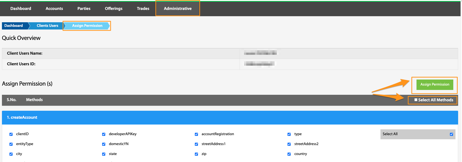 Assign Permission page with Select All Methods and Assign Permission buttons highlighted