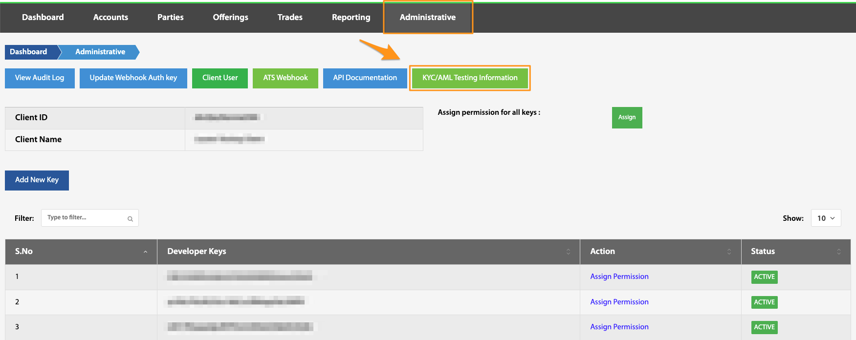 KYC/AML Testing Information button highlighted on the Administrative navigation bar