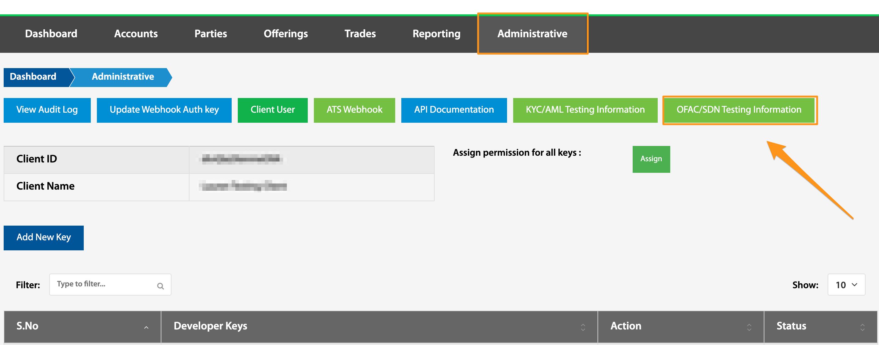 Administrative page with an arrow pointing to the OFAC/SDN Testing Information button