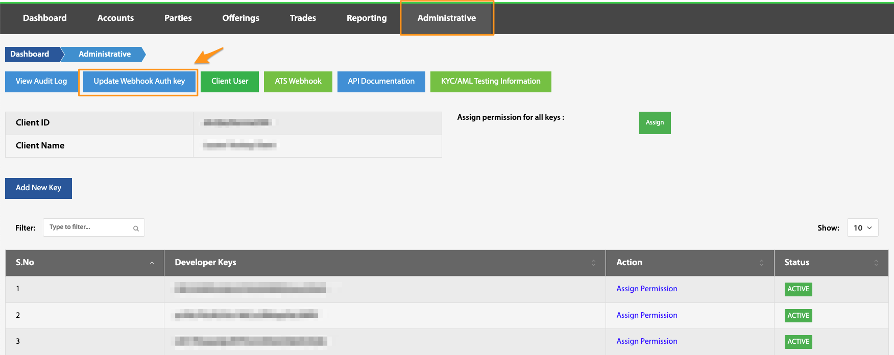 Update Webhook Auth key tab highlighted on the Administrative page
