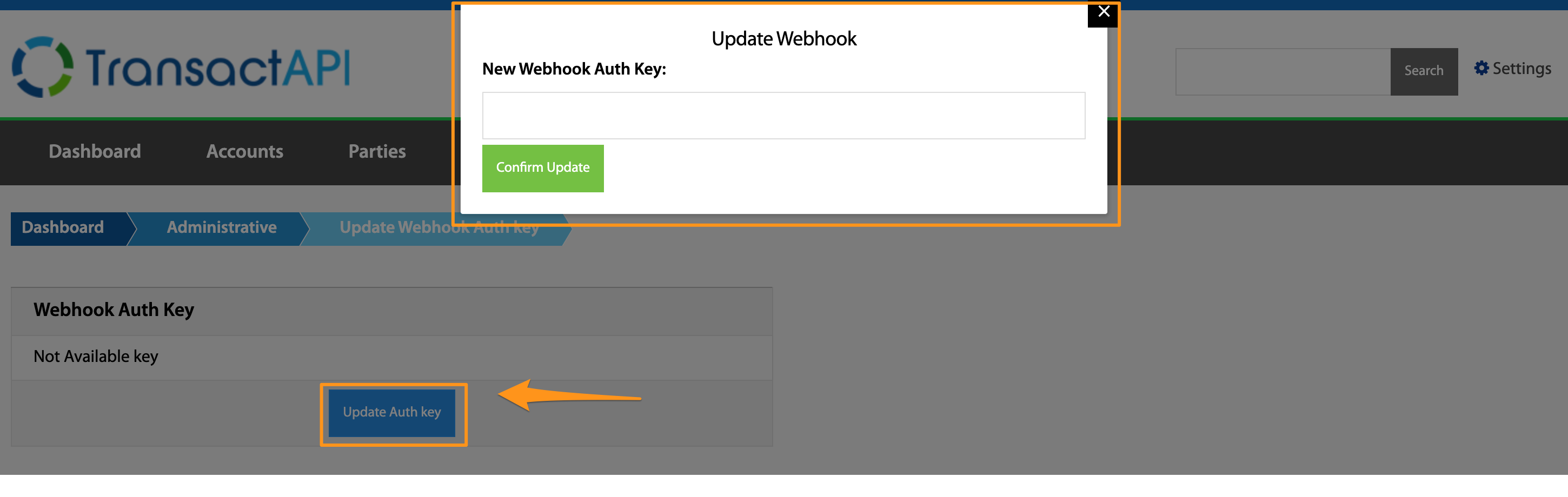 Update Webhook dialog with the New Webhook Auth Key field and Confirm Update button