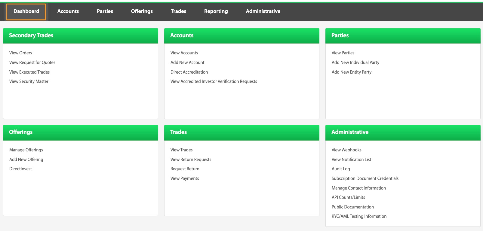 Transact Portal dashboard with Dashboard menu highlighted, showing the six navigation directories