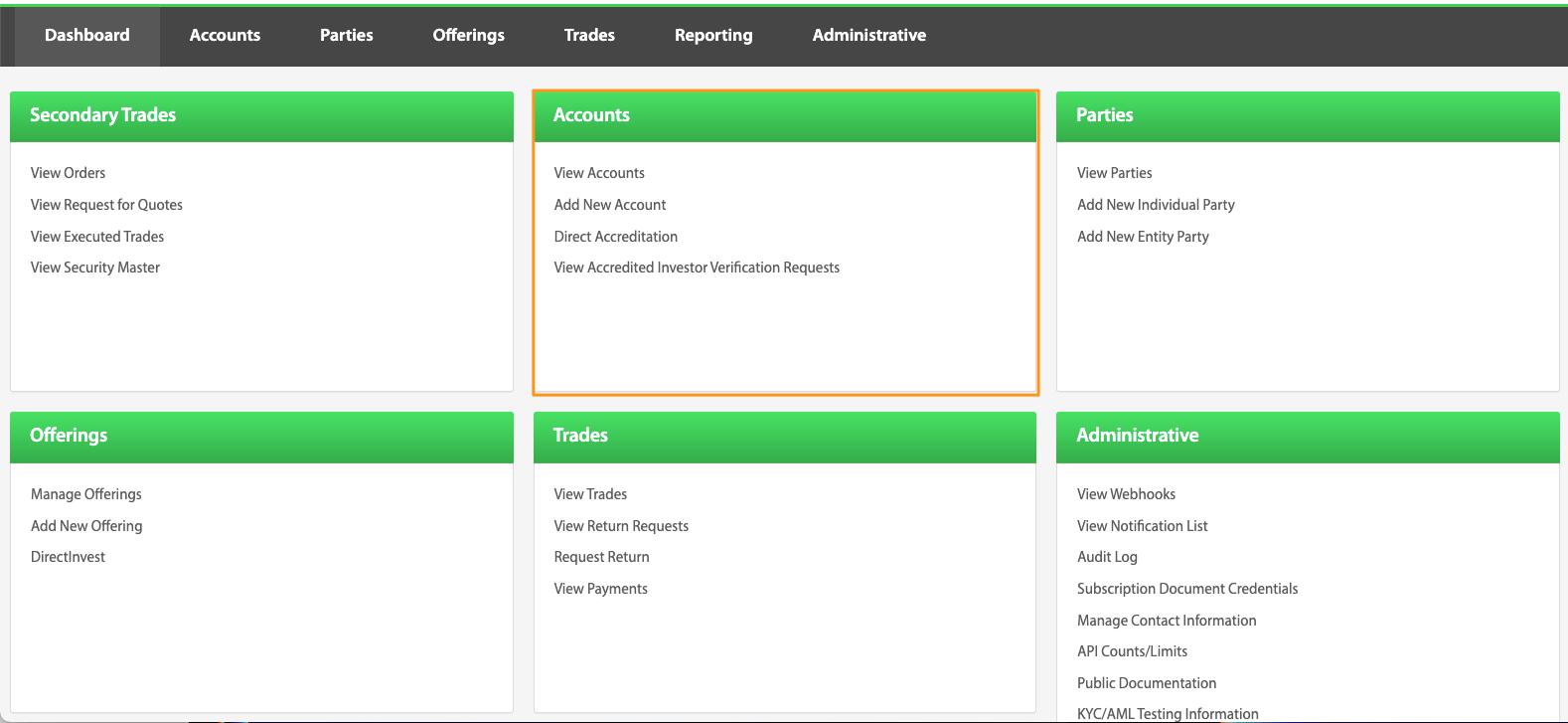 Transact Portal dashboard with the Accounts card highlighted