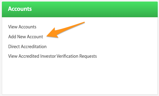 Add New Account quick link highlighted on the Accounts dashboard card