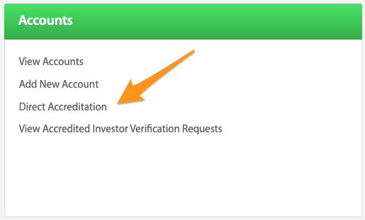Direct Accreditation quick link highlighted on the Accounts dashboard card