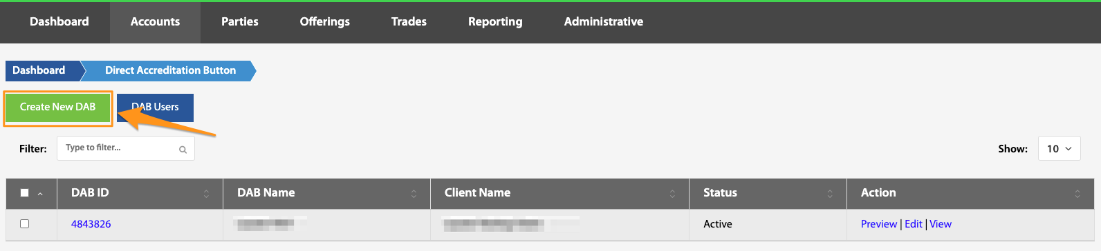 Create New DAB button highlighted on the Direct Accreditation Button page
