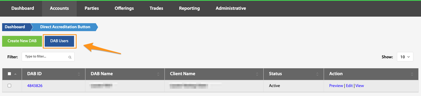 DAB Users button highlighted on the Direct Accreditation Button page