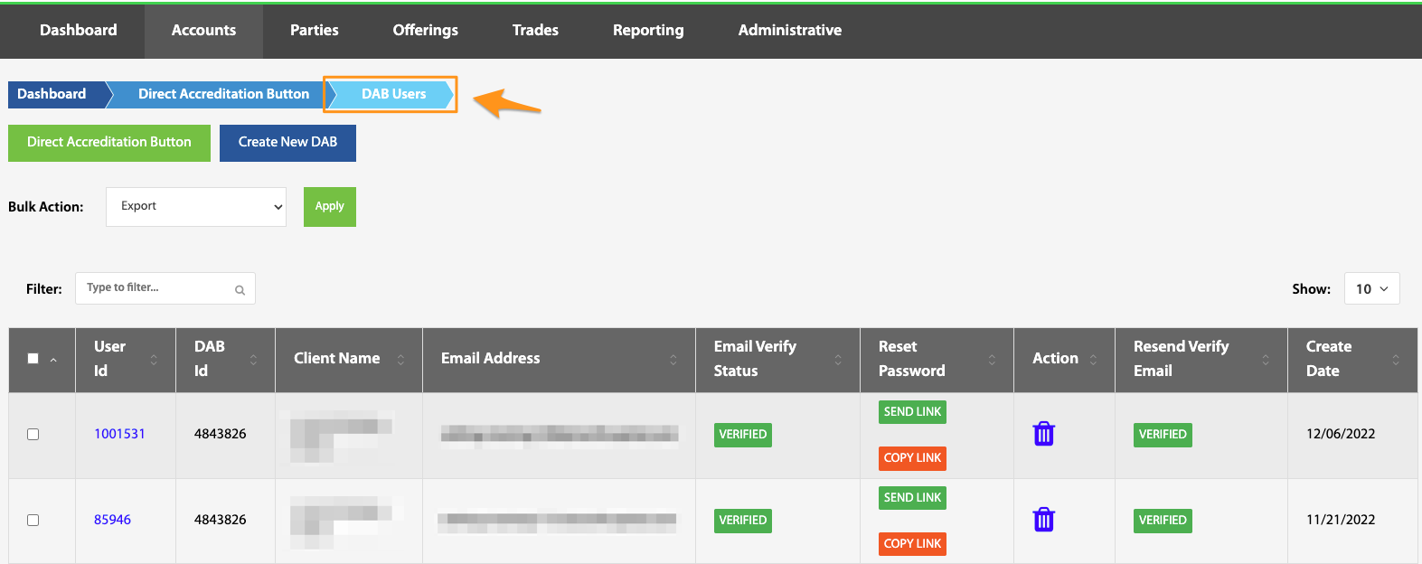 DAB Users table listing User ID, DAB ID, Client Name, and Email Address
