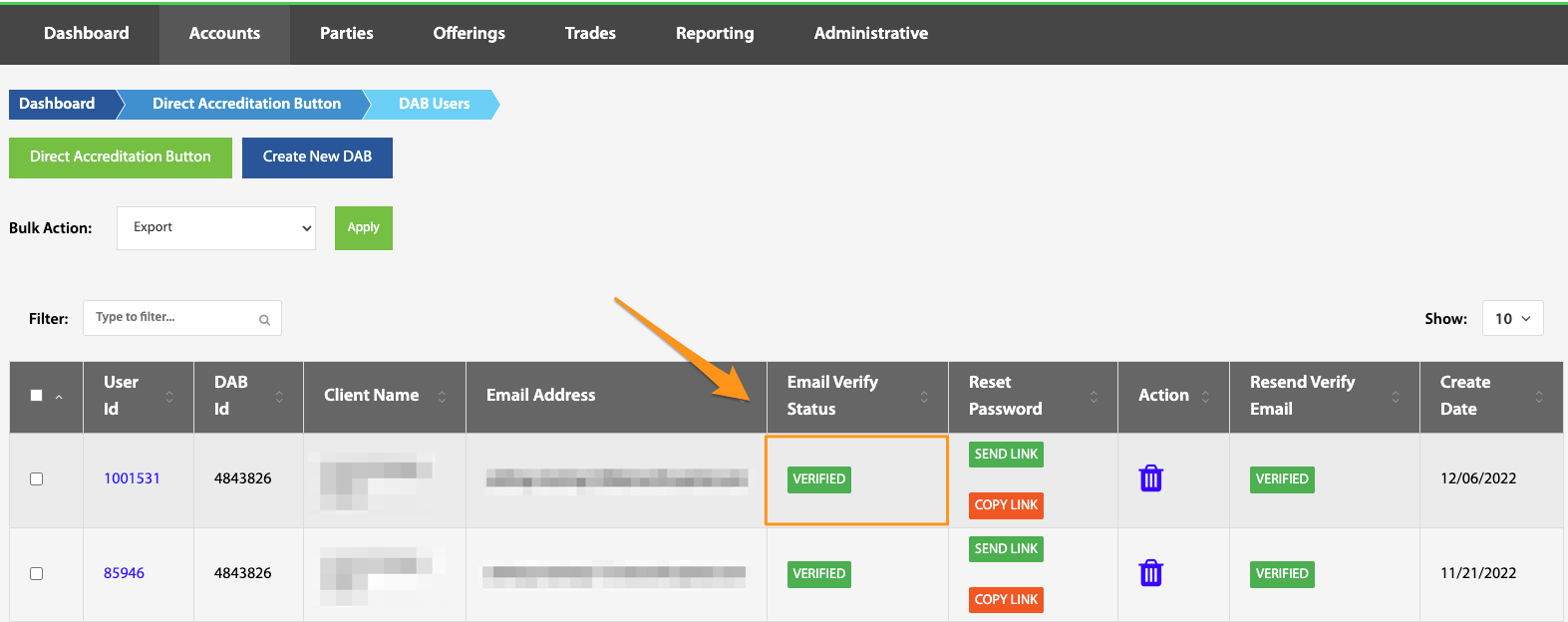 Email Verify Status column highlighted in the DAB Users table