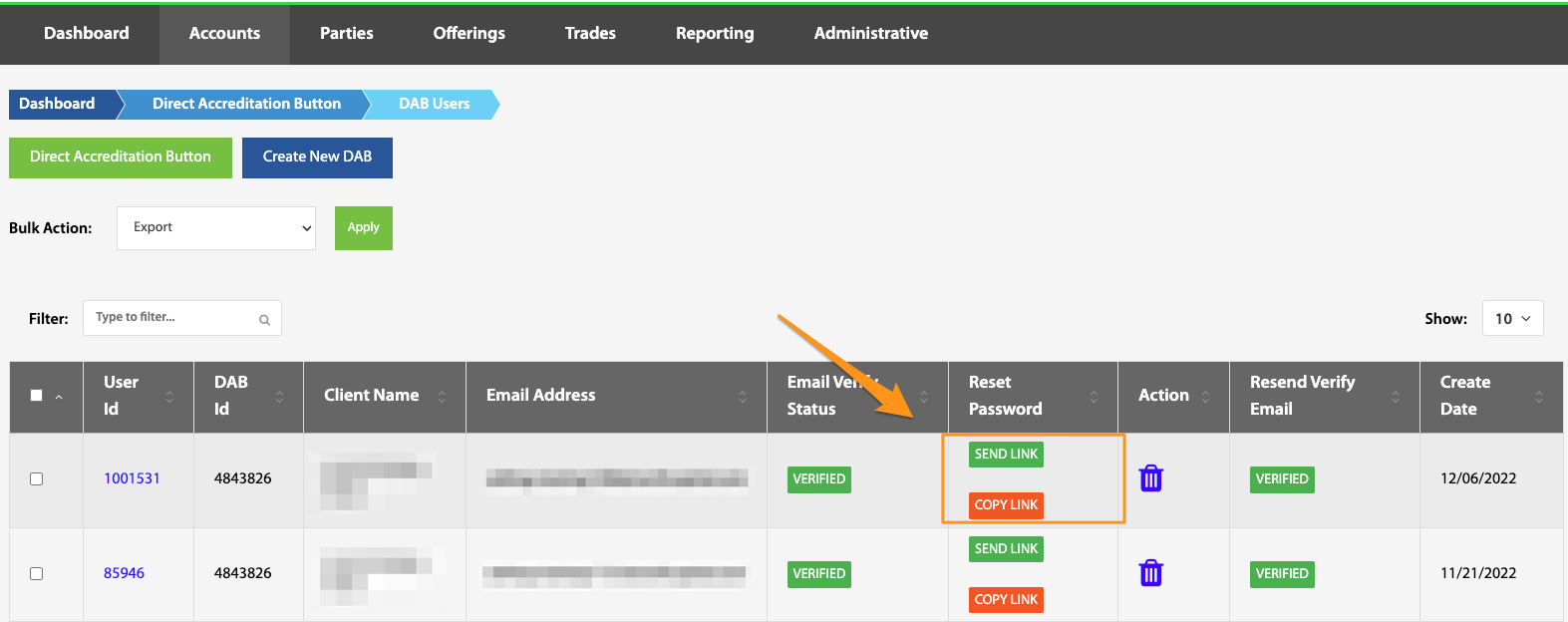 Send Link and Copy Link reset password buttons highlighted in the DAB Users table
