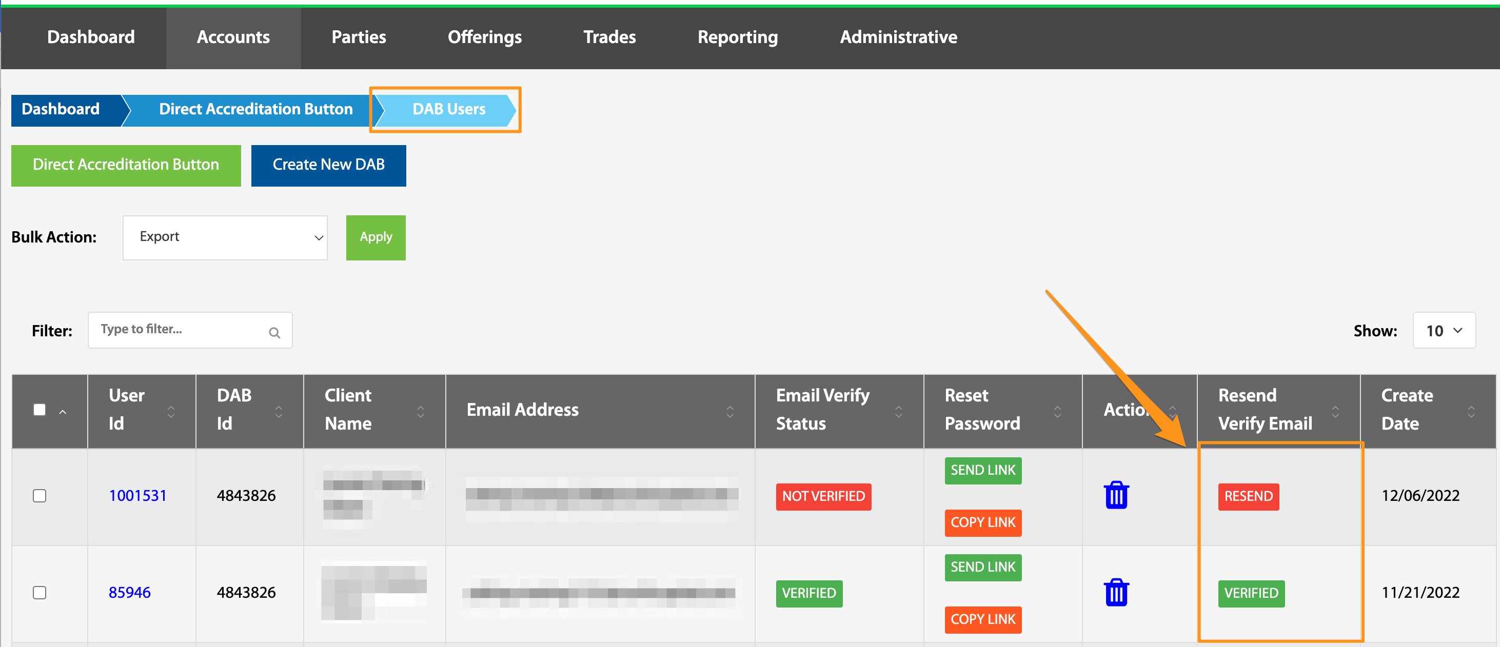 Resend Verify Email column highlighted in the DAB Users table