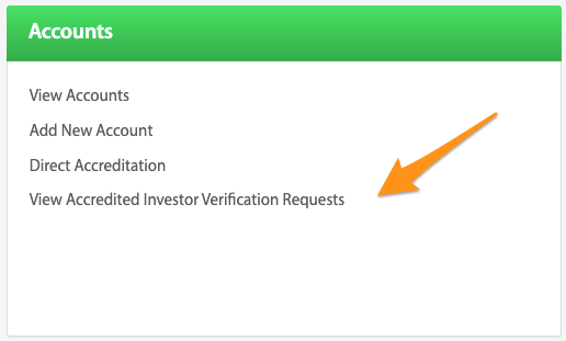 View Accredited Investor Verification Requests quick link highlighted on the Accounts dashboard card