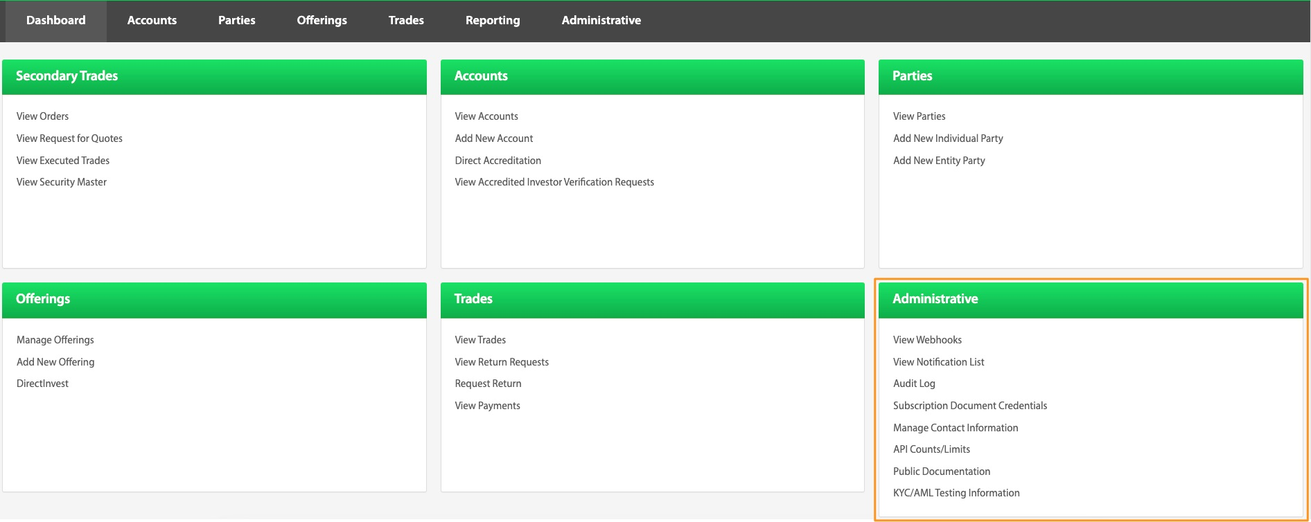 Transact Portal dashboard with six navigation panels, Administrative panel highlighted