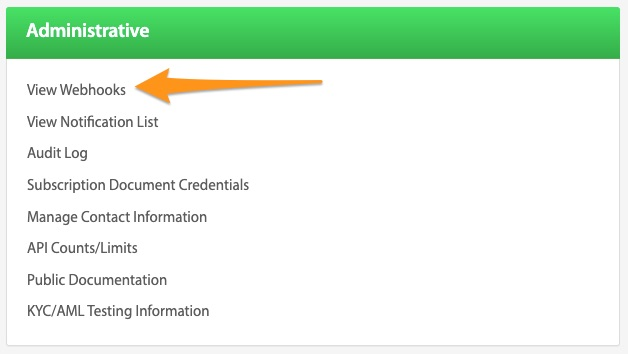 Administrative panel list with an arrow pointing to View Webhooks