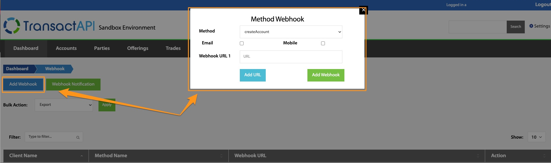 Add Webhook modal for selecting a method and entering a webhook URL