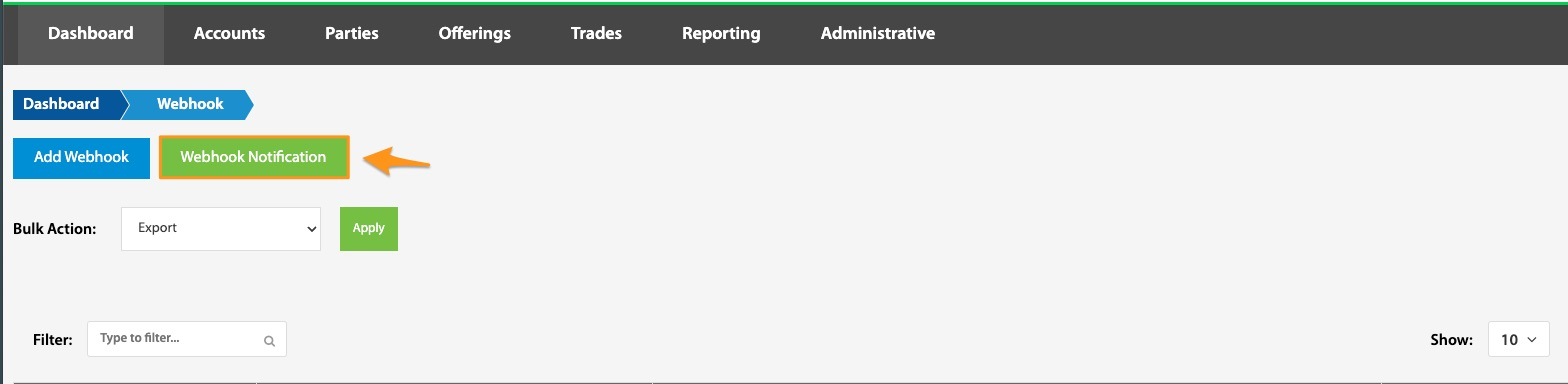Webhook list page with an arrow pointing to the Webhook Notification button