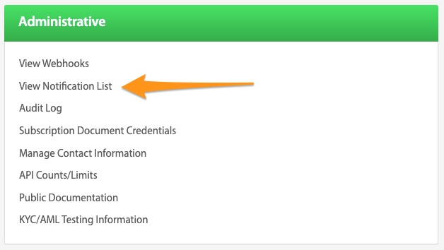 Administrative panel list with an arrow pointing to View Notification List