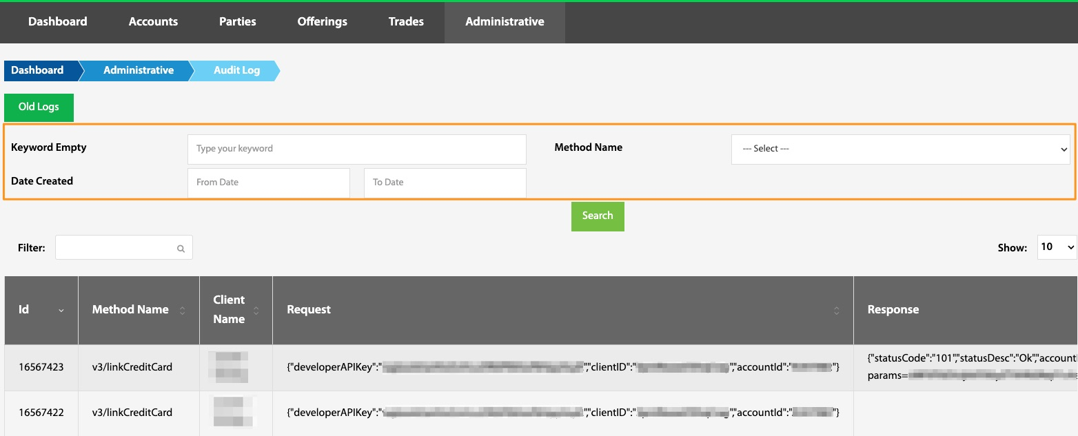 Audit Log page with search filters and a table of API request/response entries