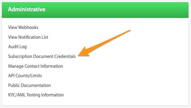 Administrative panel list with an arrow pointing to Subscription Document Credentials